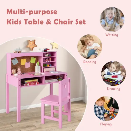 Kids Wooden Desk and Chair Set with 4-tier Storage Shelves and 2 Open Drawers Pink {6}
