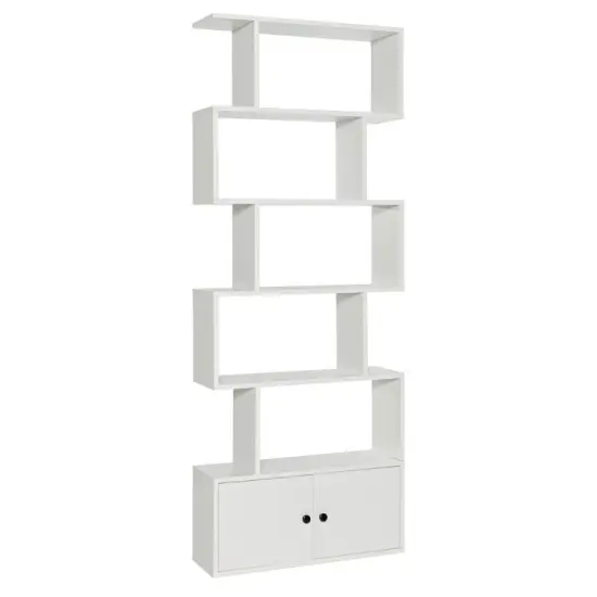 Engineered Wood S-Shaped Bookshelf with Cabinet and Doors White {8}