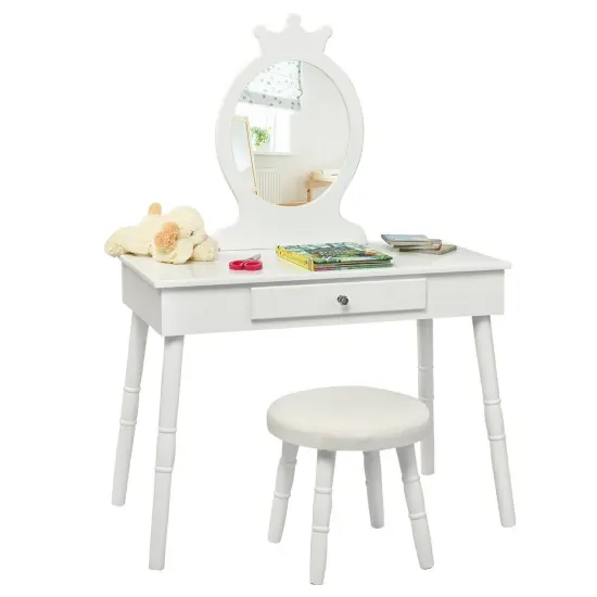 Kids Vanity Makeup Table and Chair Set Make Up Stool White {1}