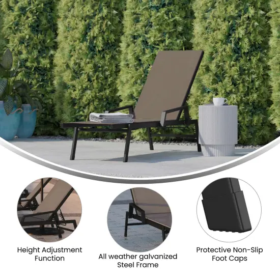 Emma and Oliver Braelin Textilene Adjustable 5 Position Patio Chaise Lounge with Armrests and Metal Frame Black/Black {7}