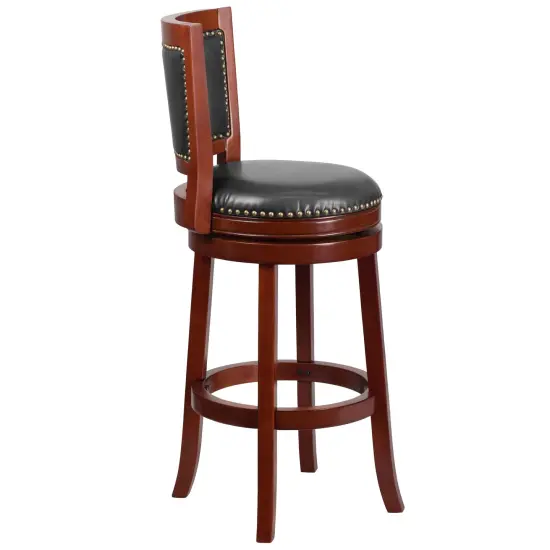 Merrick Lane Amara Series Wooden Stool with Open Panel Back with Faux Leather Accent and Seat Dark Cherry {4}
