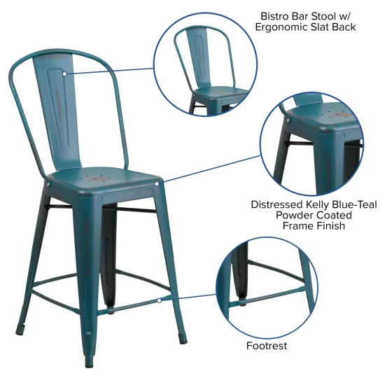 Emma and Oliver Commercial Grade 4 Pack 24" High Distressed Metal Indoor-Outdoor Counter Height Stool with Back Kelly Blue-Teal {2}