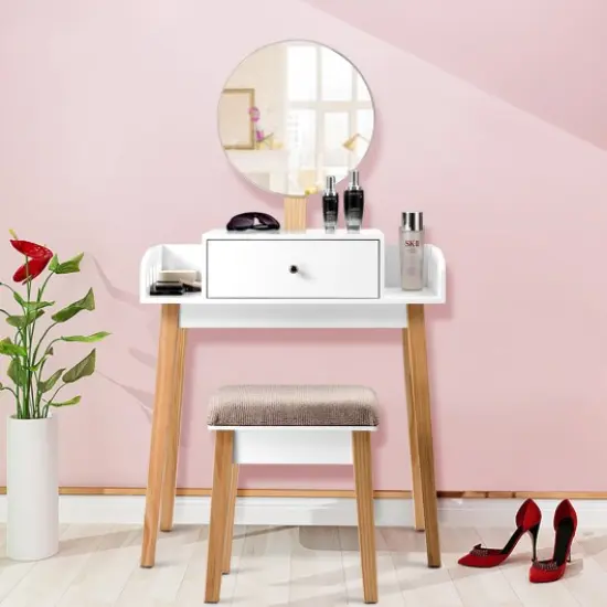 Wooden Makeup Dressing Mirror Table Set with Drawer {2}