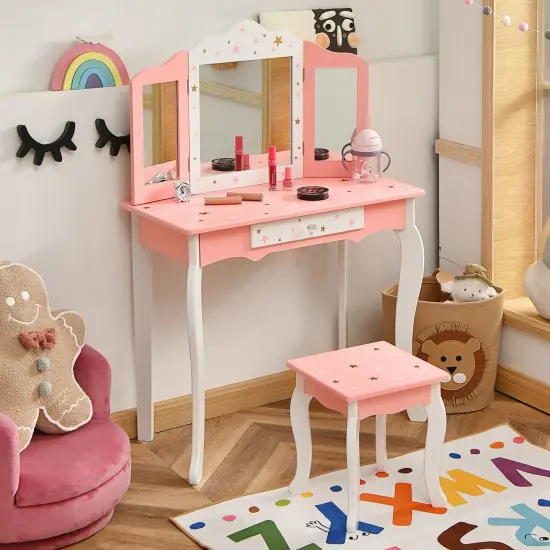 Kids Vanity Princess Makeup Dressing Table Chair Set with Tri-folding Mirror Pink {3}