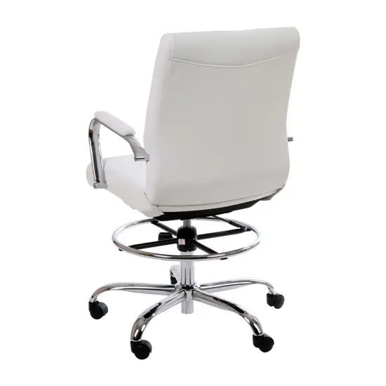 Merrick Lane Tevia Mid-Back Drafting Chair with Adjustable Foot Ring Faux Leather Upholstered Swivel Chair with Chrome Base White {4}