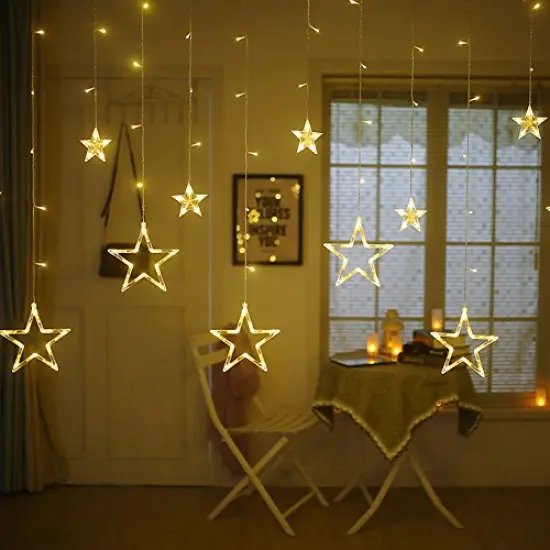 Twinkle Star 12 Stars 138 LED Curtain String Lights, Window Curtain Lights with 8 Flashing Modes Ramadan Decoration for Christmas, Wedding, Party, Home Decorations (Warm White) {6}