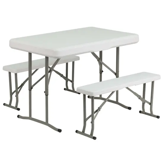 Emma and Oliver 3 Piece Portable Plastic Folding Bench and Table Set Granite White {1}