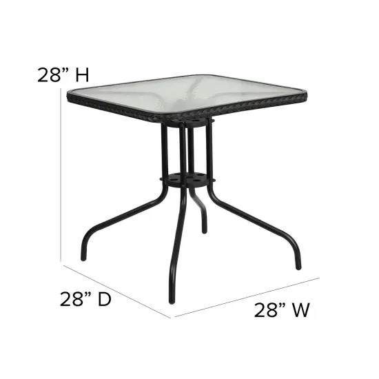 Emma and Oliver 28" Square Tempered Glass Metal Table with Rattan Edging Clear/DarkBrown {10}