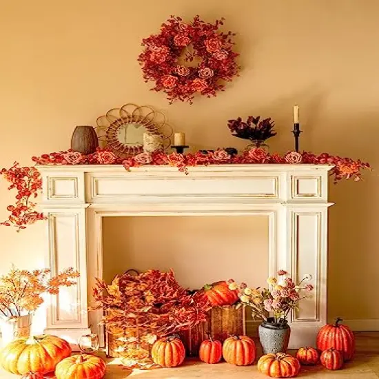 Anna's Whimsy 5.91FT Fall Garland Artificial Eucalyptus Garland with Flowers, Fall Decor Fake Rose Gypsophila Garland, Fall Flower Faux Floral Garland for Wedding Home Party Table Runner(Orange, 1) {6}