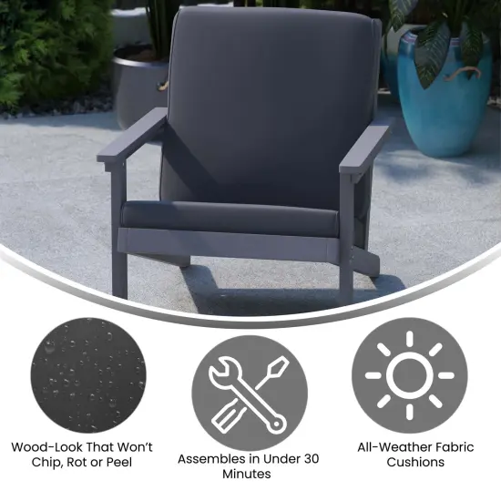 Merrick Lane Riviera All-Weather Poly Resin Wood Adirondack Style Deep Seat Patio Club Chair with Cushions Gray {2}