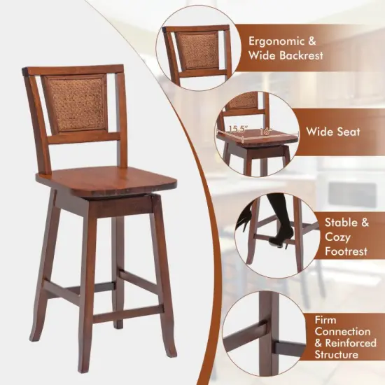 24.5 Inch Counter Height Bar Stool with Rattan Back and 360&Acirc;&deg; Swivel Seat {6}