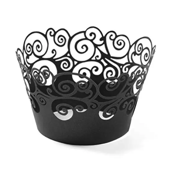 Cupcake Wrappers, KPOSIYA 50 Pack Cupcake Wraps Filigree Artistic Bake Cake Paper Cup Little Vine Laser Cut Liner Baking Cups Muffin Case Trays for Wedding Party Birthday Decoration (50, Black) {4}
