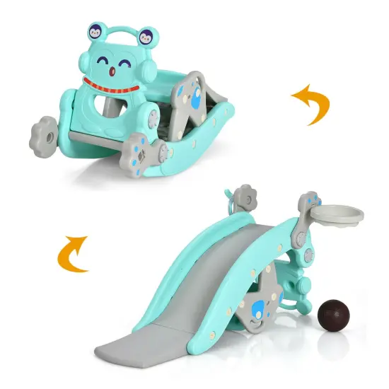 4-in-1 Toddler Slide and Rocking Horse Playset with Basketball Hoop Blue {1}