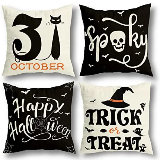 RioGree Halloween Decorations Pillow Covers 20x20 Set of 4 for Halloween Decor Indoor Outdoor, Party Supplies Farmhouse Home Decor Throw Pillows Cover Spider Web Cat Skull Decorative Cushion Case {1}