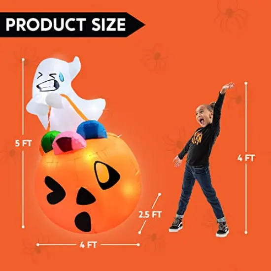Joiedomi 5 FT Tall Halloween Inflatable Cute Ghost Inflatable Lift Pumpkin Candy Bag with Build-in LEDs Blow Up Inflatables for Halloween Party Indoor, Outdoor, Yard, Garden, Lawn Decorations {5}