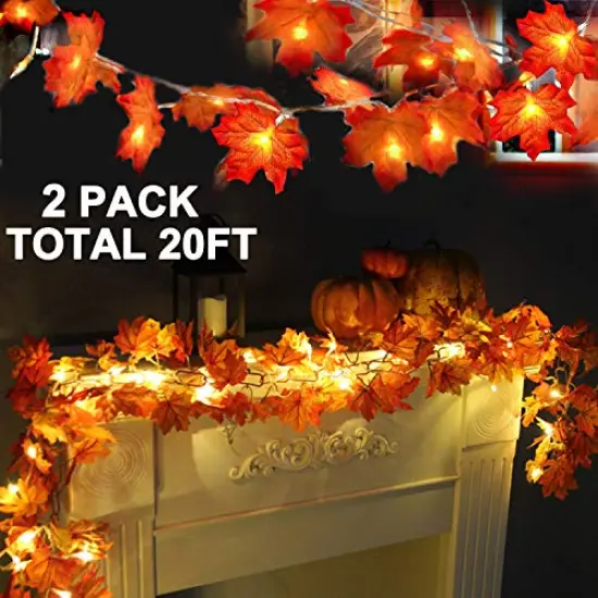 2 Pack Fall Decor Enlarged Maple Leaf Fall Lights Thick Leaf Garlands,Total 20Ft 40LED Lights Battery Operated Waterproof Fall Decorations Home Indoor Outdoor Autumn Thanksgiving Halloween Decor {2}
