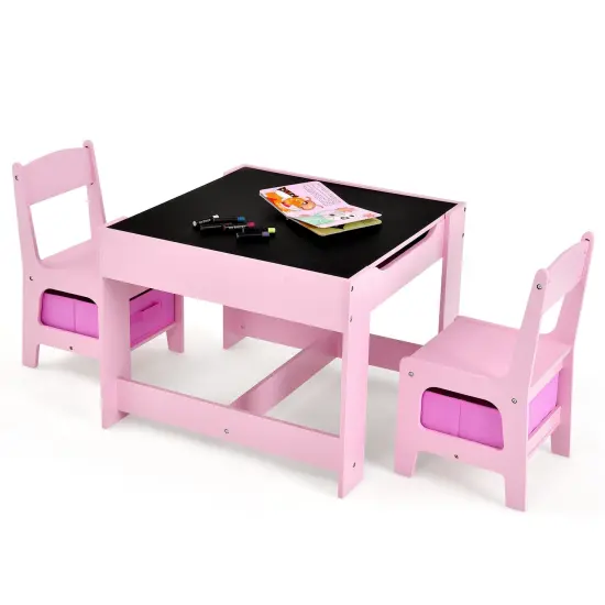 Kids Table Chairs Set With Storage Boxes Blackboard Whiteboard Drawing Pink {1}