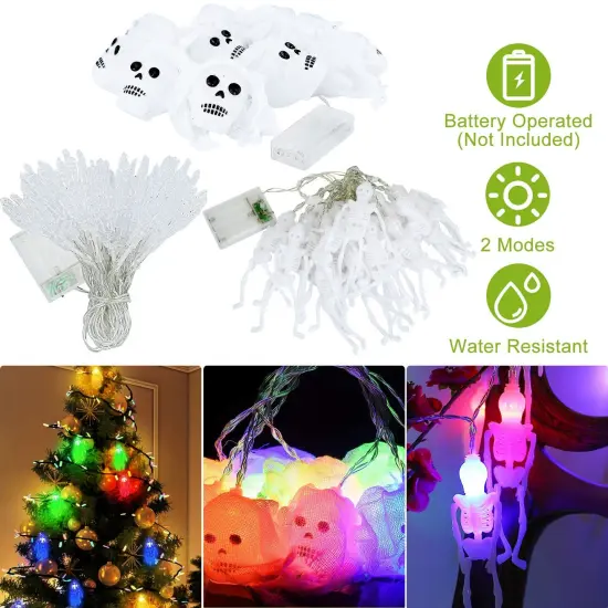 3Pcs Halloween Light Decorations Total 50 LEDs 24ft Halloween String Lights Colorful 3D Skeleton Ghost String Lights Gauze Skull String Lights {2}