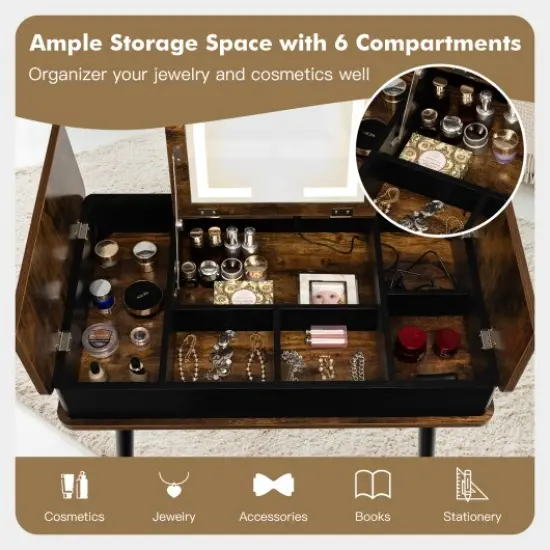 Vanity Table Set with Flip Top Mirror Lights USB Writing Desk and Stool {3}