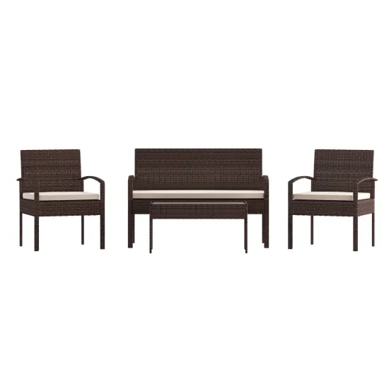 Emma and Oliver 4 Piece Patio Set with Steel Frame and Cushions - Outdoor Seating Brown/Beige {3}