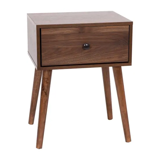 Emma and Oliver Beverly Mid-Century Modern Wooden Night Stand with Soft Close Drawer and Sleek Tapered Legs with Protective Floor Glides Dark Walnut {1}