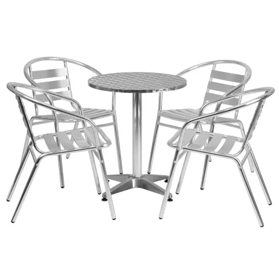 Emma and Oliver 23.5'' Round Aluminum Indoor-Outdoor Table Set with 4 Slat Back Chairs {1}