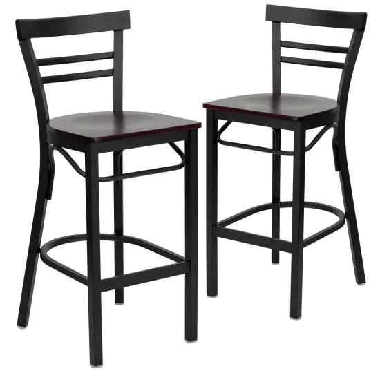Emma and Oliver 2 Pack Two-Slat Ladder Back Metal Restaurant Barstool Mahogany/BlackMetal {1}