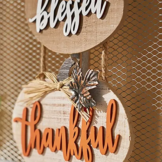 HOMirable Blessed Thankful Grateful Sign Farmhouse Thanksgiving Wall D&eacute;cor Rustic Wooden Sign Vintage Hanging Decoration Autumn Harvest Halloween Signs {6}
