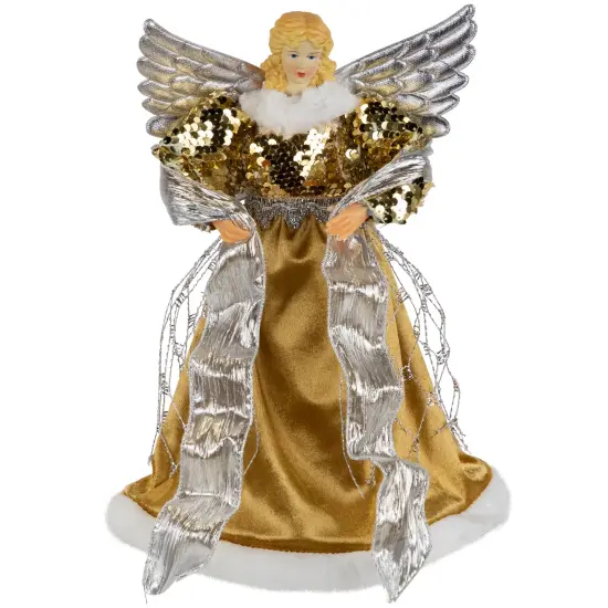 Northlight 12" Metallic Bronze and Silver Sequined Angel Christmas Tree Topper, Unlit {1}