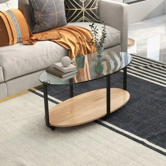 2-Tier Glass-Top Modern Coffee Table with Storage Shelf {2}