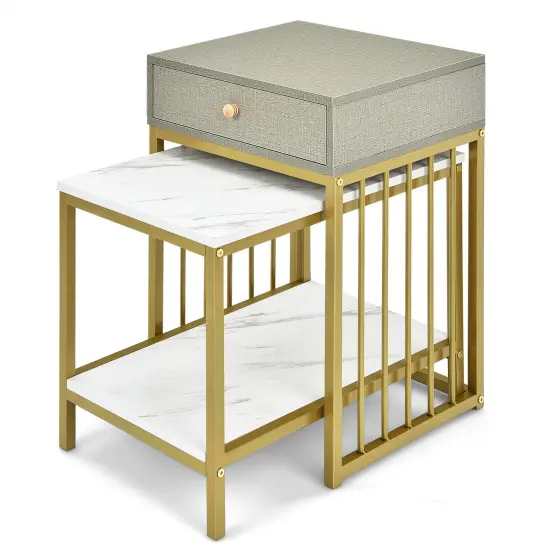 2 Pieces Modern Nesting Coffee Table Set with Drawer and Shelf-White {4}