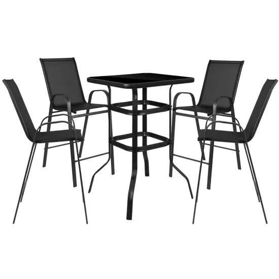 Emma and Oliver 5 Piece Outdoor Bar Height Set-Glass Patio Bar Table-All-Weather Barstools Black {1}