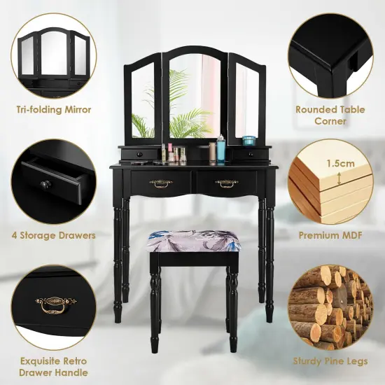 Simple Vanity Set with Tri-Folding Mirror Drawers and Storage Shelf Black {3}