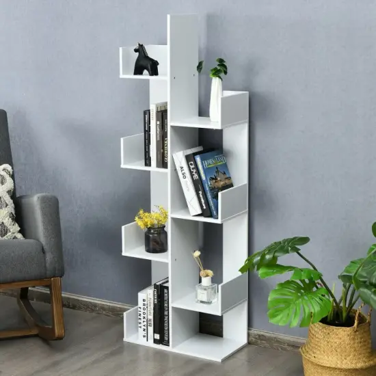 8-Tier Bookshelf Bookcase with 8 Open Compartments Space-Saving Storage Rack White {6}