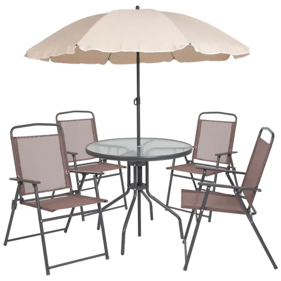Emma and Oliver 6 Piece Patio Garden Set with Table, Umbrella and 4 Folding Chairs Red {6}