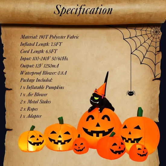 Halloween 7.5 Feet Inflatable Pumpkin Combo with Witch Black Cat {3}