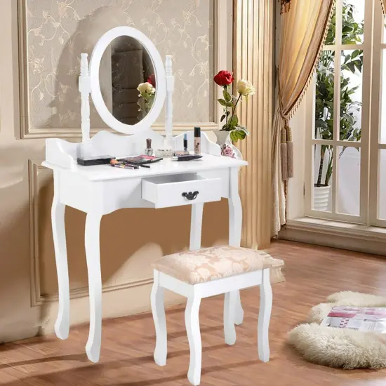 Wooded Vanity Table Set with Oval Mirror and Rotating Mirror {6}