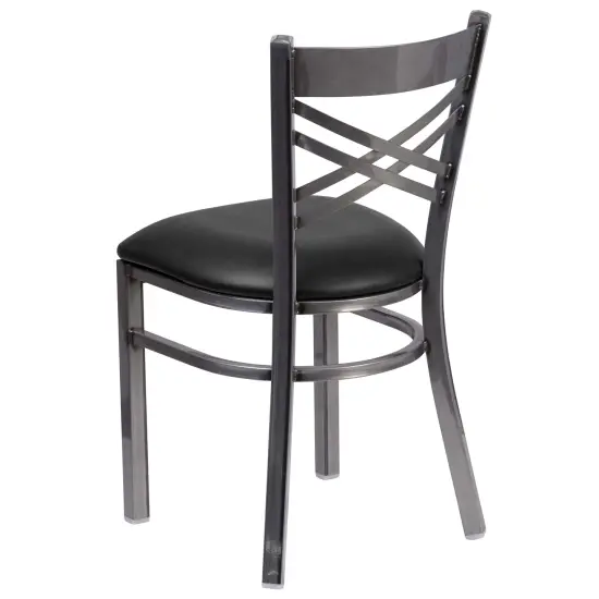 Emma and Oliver 2 Pack Clear Coated "X" Back Metal Restaurant Chair BlackVYL/ClearCoated {3}