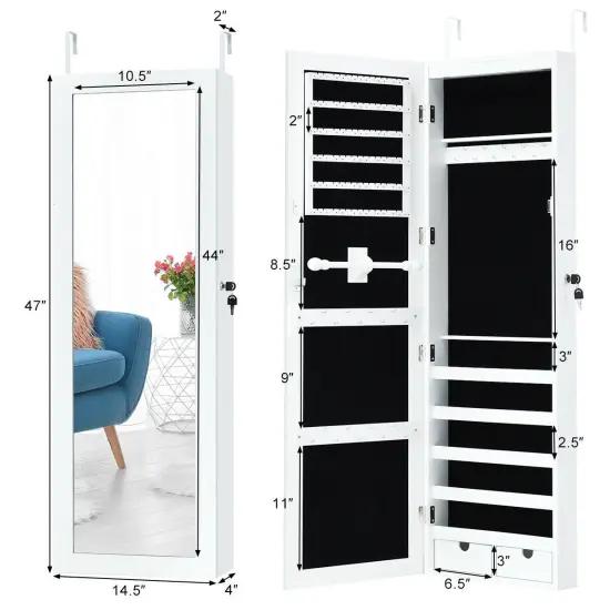 Door Mounted Lockable Mirrored Jewelry Cabinet with LED Lights {5}