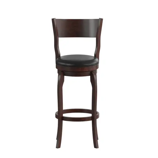 Merrick Lane Tally 30" Classic Wooden Open Back Swivel Bar Height Pub Stool with Upholstered Padded Seat and Integrated Footrest Espresso/Black {3}