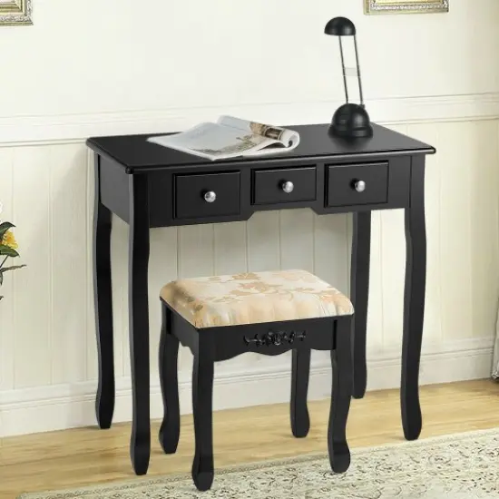 Vanity Make Up Table Set Dressing Table Set with 5 Drawers Black {3}