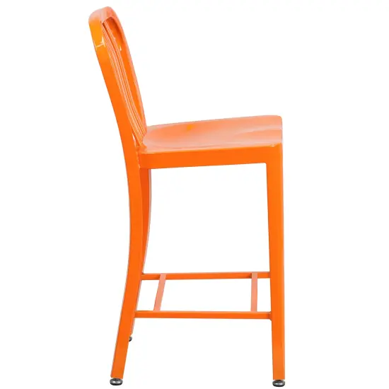 Merrick Lane Santorini Galvanized Steel Indoor/Outdoor Counter Bar Stool With Slatted Back And Powder Coated Finish Orange {5}