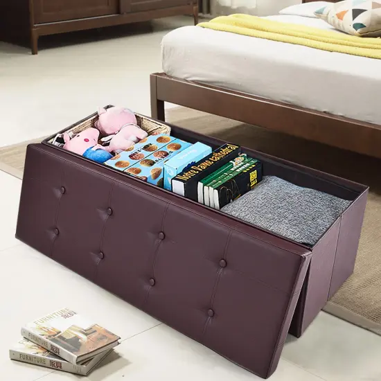 45 Inches Faux Leather Foldable Ottoman Storage Bench with Thick Sponge Padded Seat Brown {2}