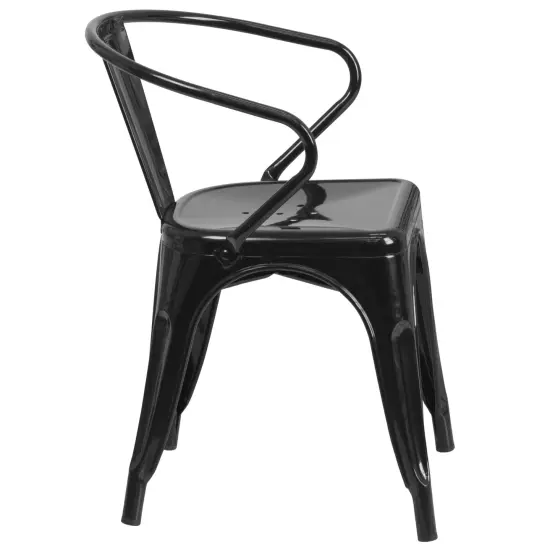 Emma and Oliver Commercial Grade Colorful Metal Indoor-Outdoor Chair with Arms Black {5}