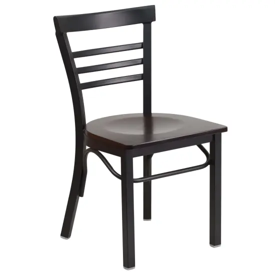 Emma and Oliver Three-Slat Ladder Back Metal Restaurant Dining Chair Walnut/BlackMetal {1}