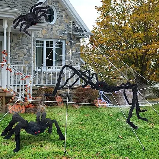 UNGLINGA Giant Spider Web Halloween Decorations Outdoor with 50inch & 30inch Large Spiders, Hanging Mega Huge Spider Web 2 Scary Fake Black Spiders for Yard Garden Outside House Indoor Decor {3}