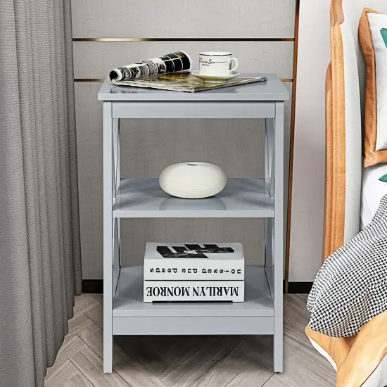 Multi-Functional Side Table with 3 Tier Storage Compartment and X-Shaped Side Design Grey {6}