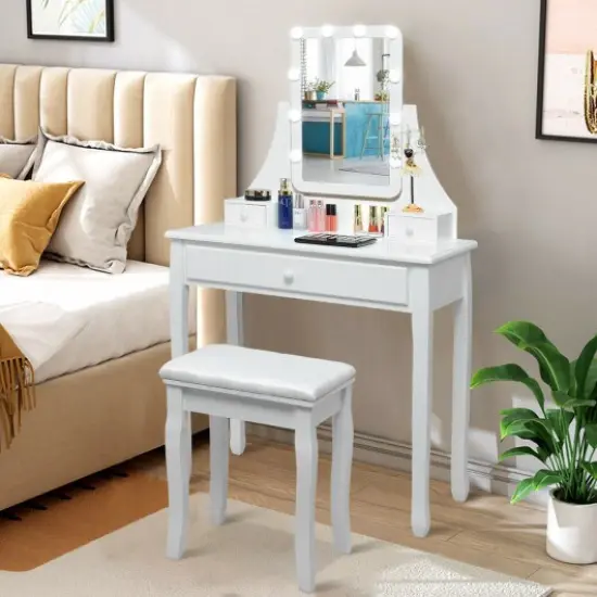 10 LED Lighted Mirror and 3 Drawers Vanity Table Set White {4}