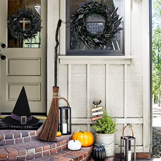 Black Feather Wreath Halloween Wreath 14.9'' Black Natural Cocktail Feather Wreath, Halloween Photo Props, Front Door Decor Witch Spooky Scene Halloween Party Decorations {5}