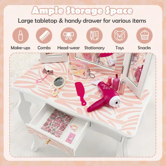2-in-1 Kids Vanity Table Set with Tri-folding Mirror-Pink {6}